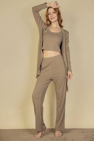 3 Piece Ribbed Lounge Set | Cardigan Tank Top Pants | Women's Matching Set -Grey