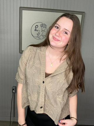 POL Embroidered Floral Hooded Button Top Taupe – Effortless Boho Style