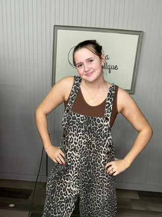 Easel Cheetah print denim overalls
