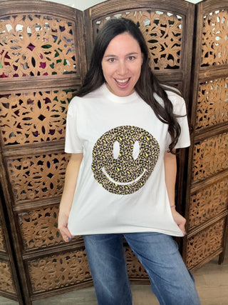 Easel - White Happy Face Print Washed Cotton Top