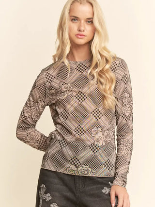 Davi & Dani - Floral Plaid Velvet Flocked Mesh Top