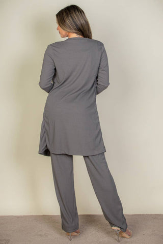 3 Piece Ribbed Lounge Set | Cardigan Tank Top Pants | Women's Matching Set -Grey