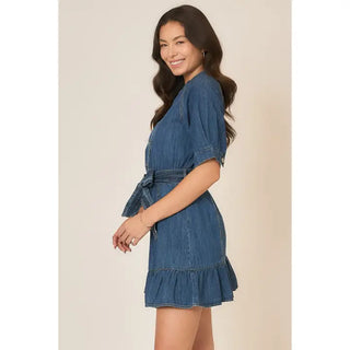Cozy Co - Denim Button Up V Neck Half Sleeve Mini Dress