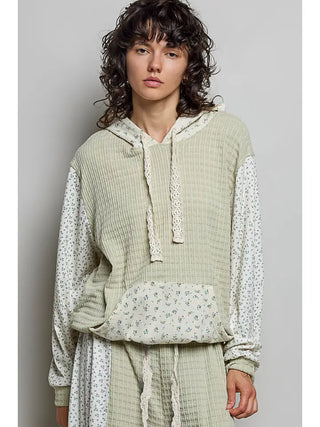 Pol - Kangaroo Pocket Mixed Knit Contrast Sleeve Hooded Pullover