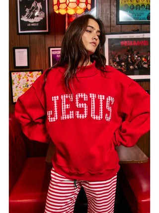 BUCKETLIST -  Jesus Gingham Applique Mock-Neck Sweatshirt - Red