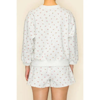 The Greii - Floral Printed Sweatshirt and Shorts Set - Light Heather Grey