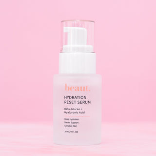 Beaut Hydration Reset Serum in a frosted bottle with a pump dispenser, designed for deep hydration and skin barrier support.