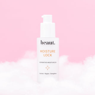 Beaut. Moisture Lock moisturizer bottle against a pink background with white fluffy texture.