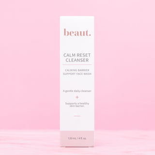 Beaut. Calm Reset Cleanser in a white bottle with pink accents, labeled as a calming barrier support face wash.