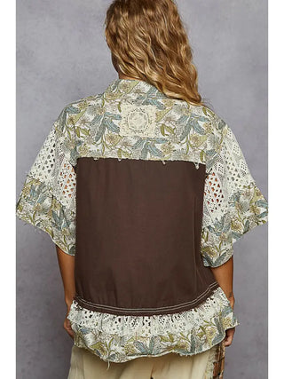 POL - Short Sleeve Lace Embroidered Denim Jacket