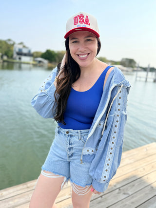 POL Denim Hoodie Jacket – Vintage Wash with Crochet Trim- Denim Blue