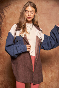 Davi & Dani - COLOR BLOCK BUTTON DOWN LONG SLEEVE HOODIE JACKET