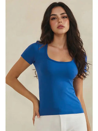 Yelete - Seamless Scoop Neck Short Sleeve Top - Twilight Blue
