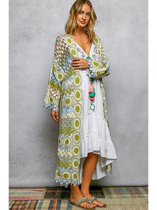 POL Boho Crochet Long Kimono Cardigan – Lightweight Open Knit Duster Sage Multi