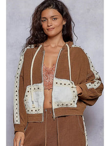 POL Denim Hoodie Jacket – Vintage Wash with Crochet Trim