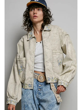 Pol Clothing - Zip Front Embroidery Cropped Woven Jacket