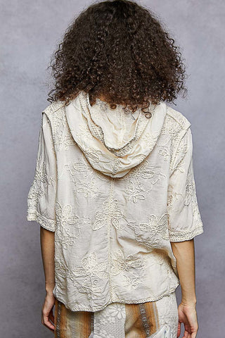 POL Embroidered Floral Hooded Button Top Natural – Effortless Boho Style