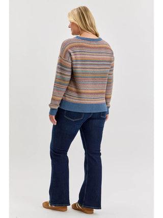 Be Cool Multi Color Striped Textured Sweater Top - Denim