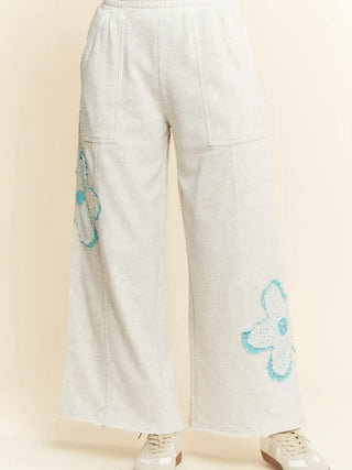 Davi &  Dani - Floral Patch Pockets Elastic Terry Easy Pants