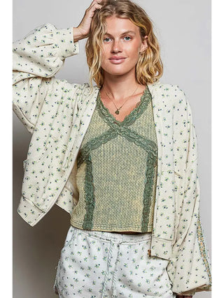 Pol Clothing - Floral Embroidered Thermal Print Knit Hoodie