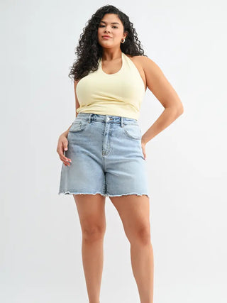 Mica Denim Super High Shorts with Frayed Hem - Light Blue Ivy