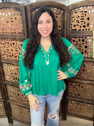 Easel - Poly Dobby Embroidered Top - Kelly Green