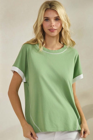 Yelete Soft Cotton Two Tone T-shirt with Contrast Seam Green White