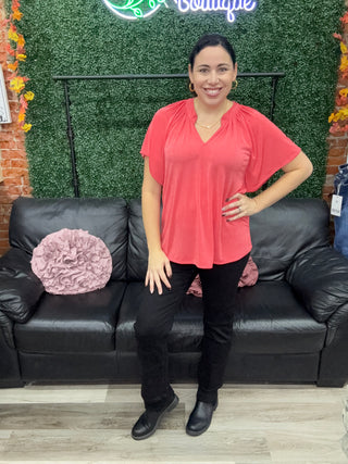 Sew in Love V Neck Tee-Coral