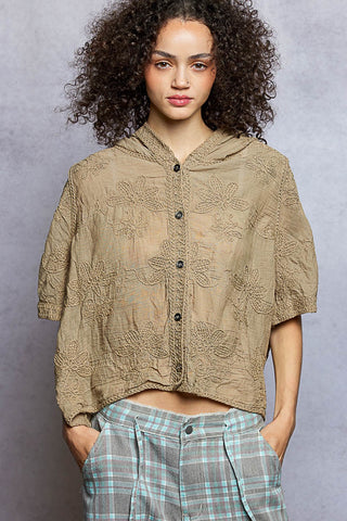 POL Embroidered Floral Hooded Button Top Taupe – Effortless Boho Style