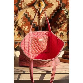 POL - Pink Yellow Bohemian Roomy Fit Floral Print Woven Tote Bag