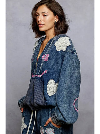 POL - French Terry Crochet Love Peace Smile Hoodie Knit Jacket -Denim