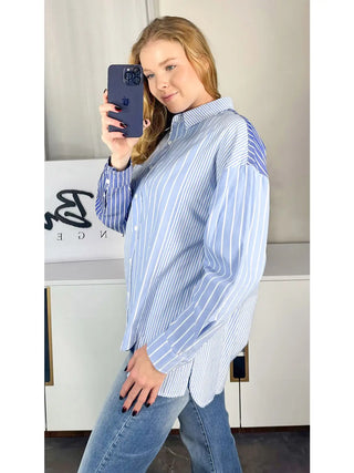 White Birch Blue Mixed Stripe Oversized Button-Down Shirt