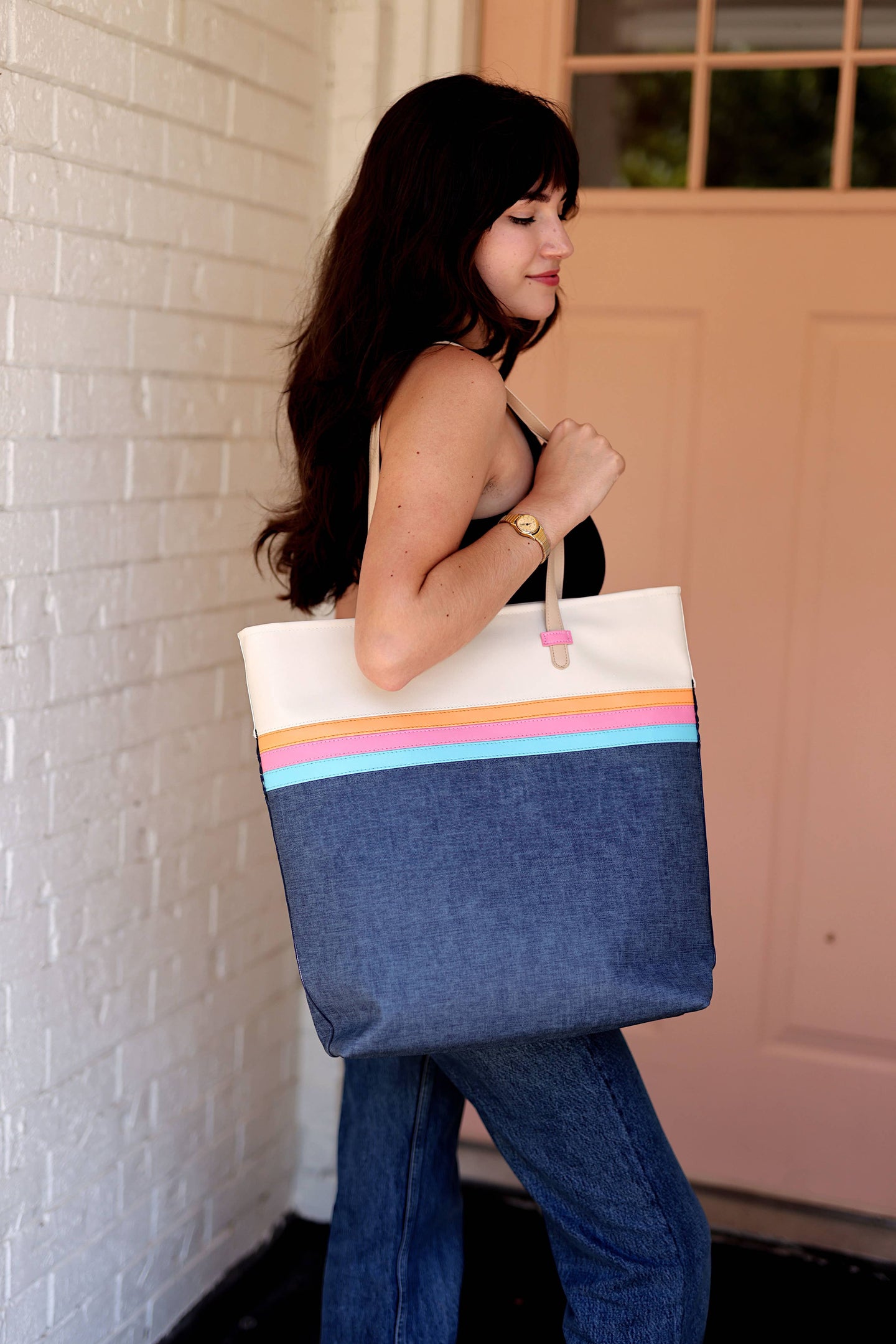 Jadelynn Brooke - Laptop Tote - Denim Print (Denim/Pink/Cream)