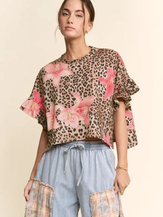 Davi & Dani - Vibrant Floral Leopard Boho Chic Crop Blouse Top