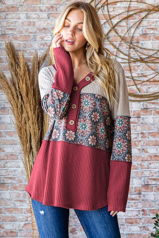 HEIMISH - LONG SLEEVE SOLID WAFFLE AND GEOMETRIC TOP