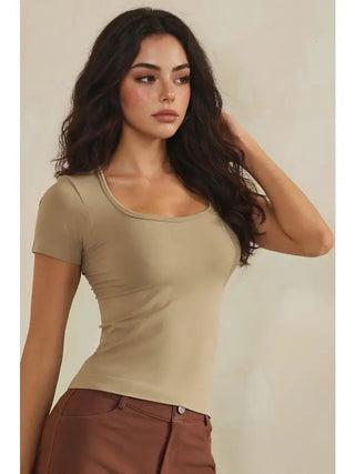 Yelete - Seamless Scoop Neck Short Sleeve Top - Light Mocha