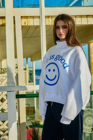 BUCKETLIST Exactly Where you Need to Be Reversible Graphic Mock-Neck Crop Sweatshirt