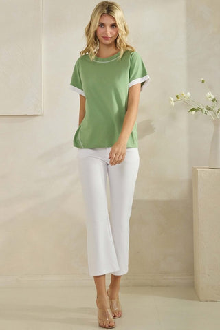 Yelete Soft Cotton Two Tone T-shirt with Contrast Seam Green White