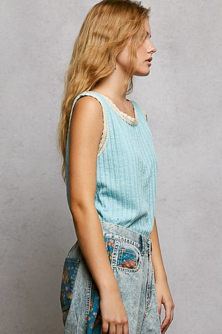 Pol Lace Trim Ribbed Sleeveless Tank Top Water Blue