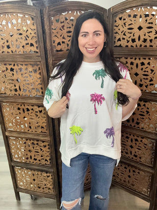 Fantastic Fawn - French Terry Short Sleeve Top with Palm Tree Sequins