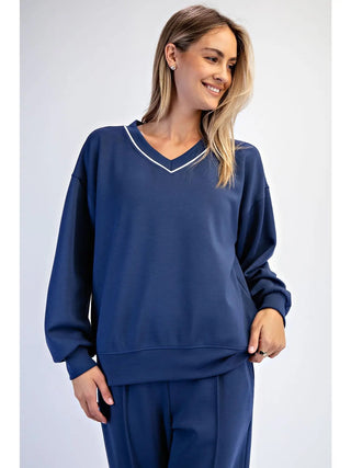 Modal Scuba V-Neck Top | Lightweight 4-Way Stretch Lounge & Everyday Wear Navy