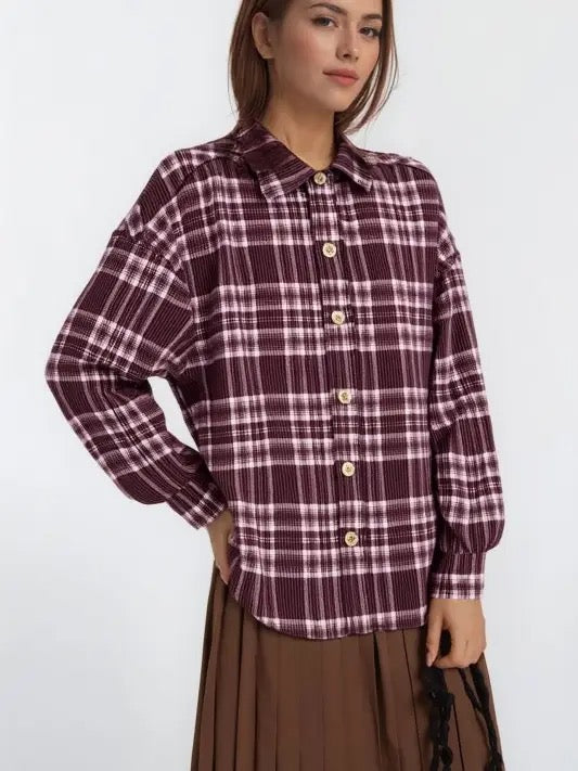 Heimish Long Sleeve Burgundy Button Down Collared Shacket