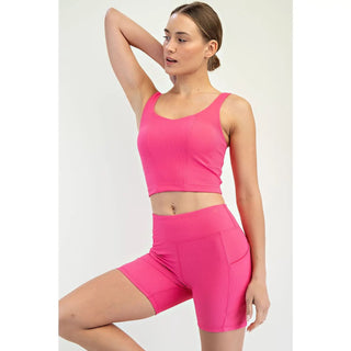 Rae Mode Ribbed V Neck Sports Top with Built-In Bra | Boutique Athleisure - Pink