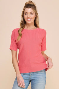 Allie Rose Mini Chevron Texture Soft Knit Top- Carnation