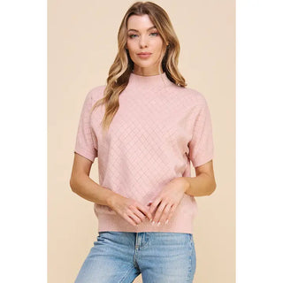 Allie Rose Fine Gauge Mock in Pointelle Crosshatch Stitch Pattern Short Sleeve- Rose Pink