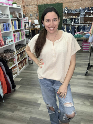 Sew In Love 1/4 Button Down Front Tee - Beige