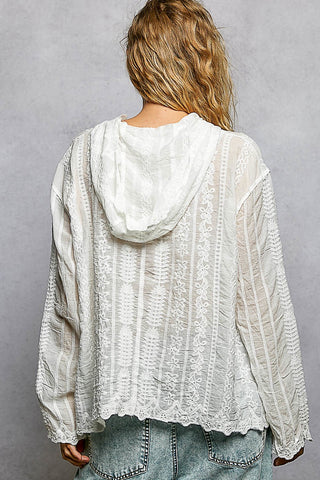 Pol Sheer Floral Lace Hooded Button-Front Top Off White