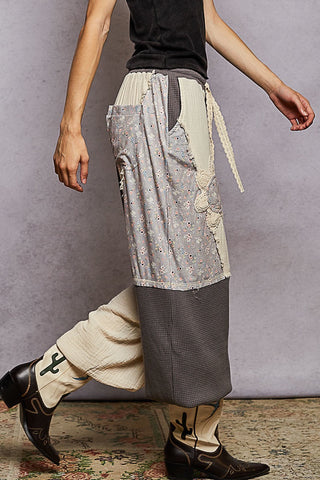 POL Double Gauze Mix Patch Floral Pattern Thermal Knit Pants- Stone Charcoal