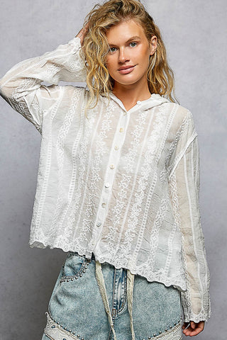 Pol Sheer Floral Lace Hooded Button-Front Top Off White