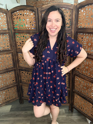 Easel - Navy Floral Printed Cotton Babydoll Dress